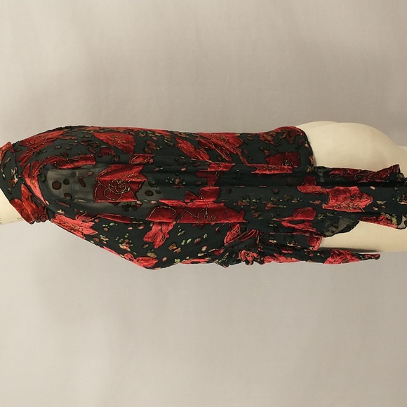 Holiday Wrap Blouse Silk Velvet Burnout Red Roses on Black Sexy Low V Sheer Sle - Picture 4 of 11